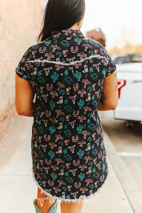BLACK WESTERN PRINTED PEARL SNAP BUTTON DOWN SHIRT DRESS