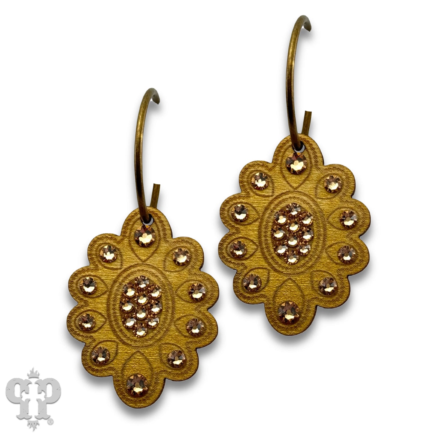 PINK PANACHE SCALLOPED GOLD WOOD EARRING WITH AUSTRIAN CRYSTALS MEDIUM HOOP - E527GLC