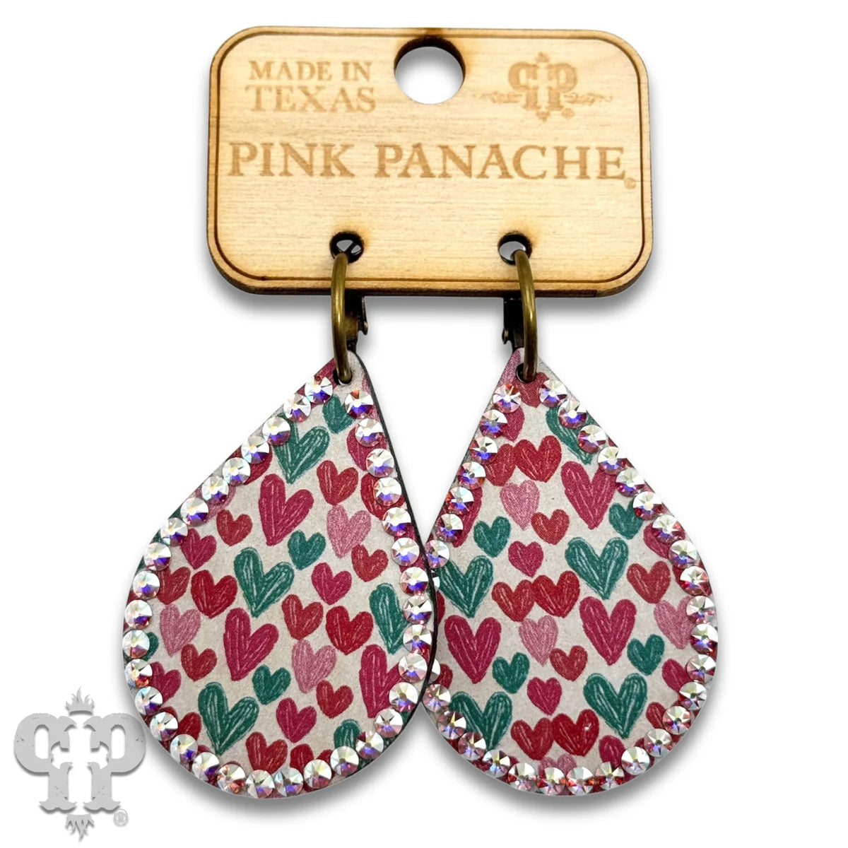 PINK PANACHE HEARTS RHINESTONE TEARDROP WOOD EARRINGS - E559PKAB