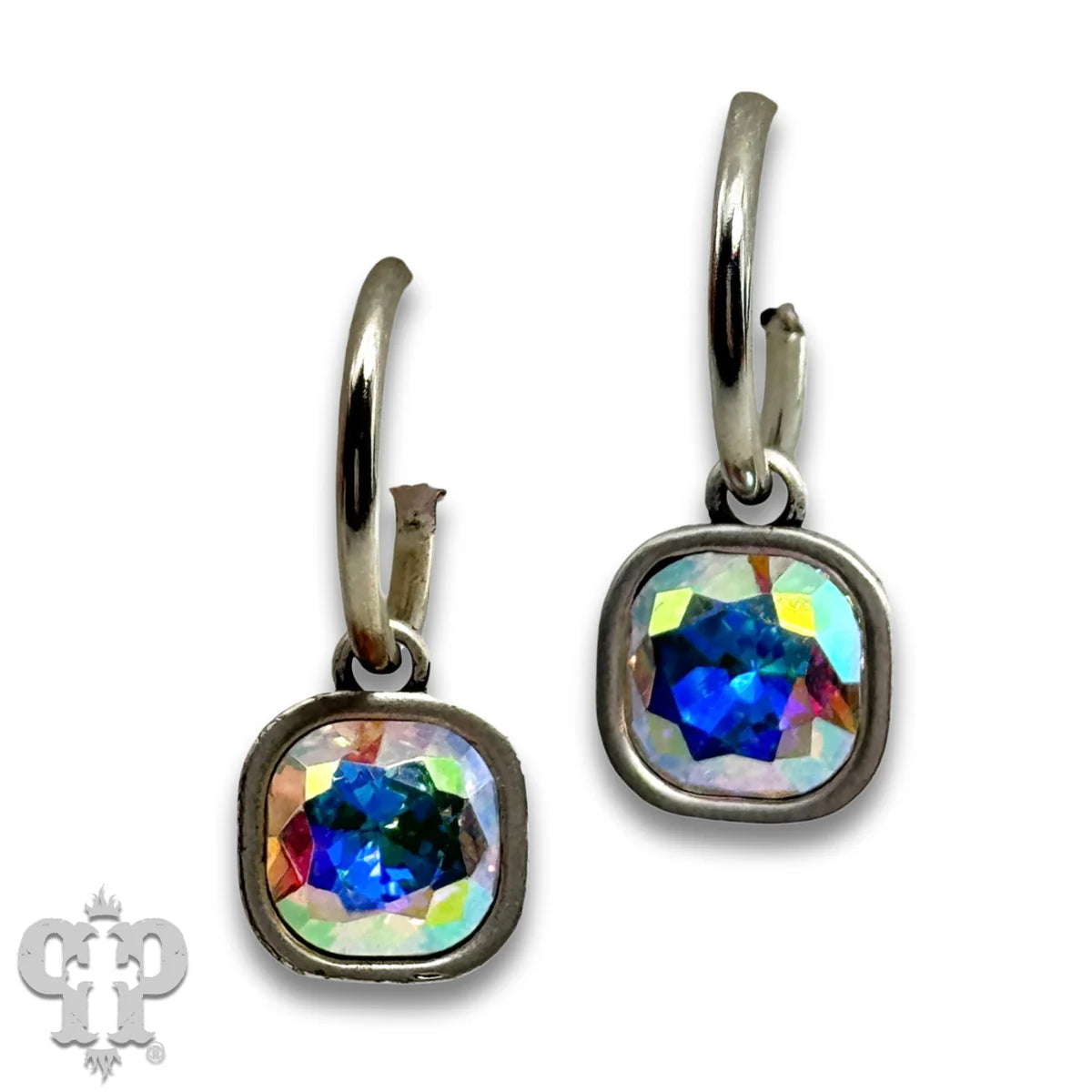 PINK PANACHE SILVER SQUARE AB STONE CHARM HOOP EARRING - E568SAB
