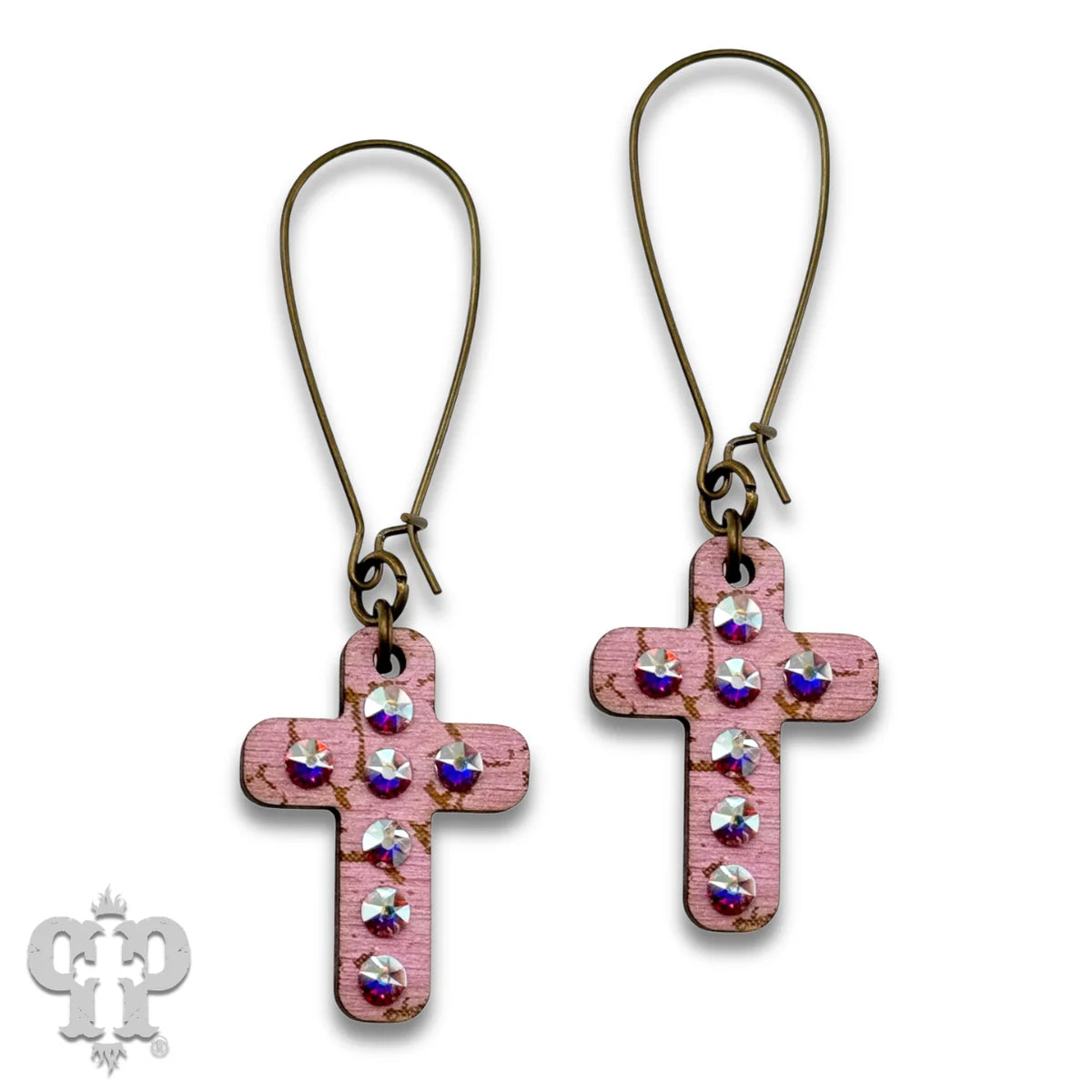 PINK PANACHE PINK MINI CROSS WOOD WITH CRYSTALS EARRINGS - E574PK