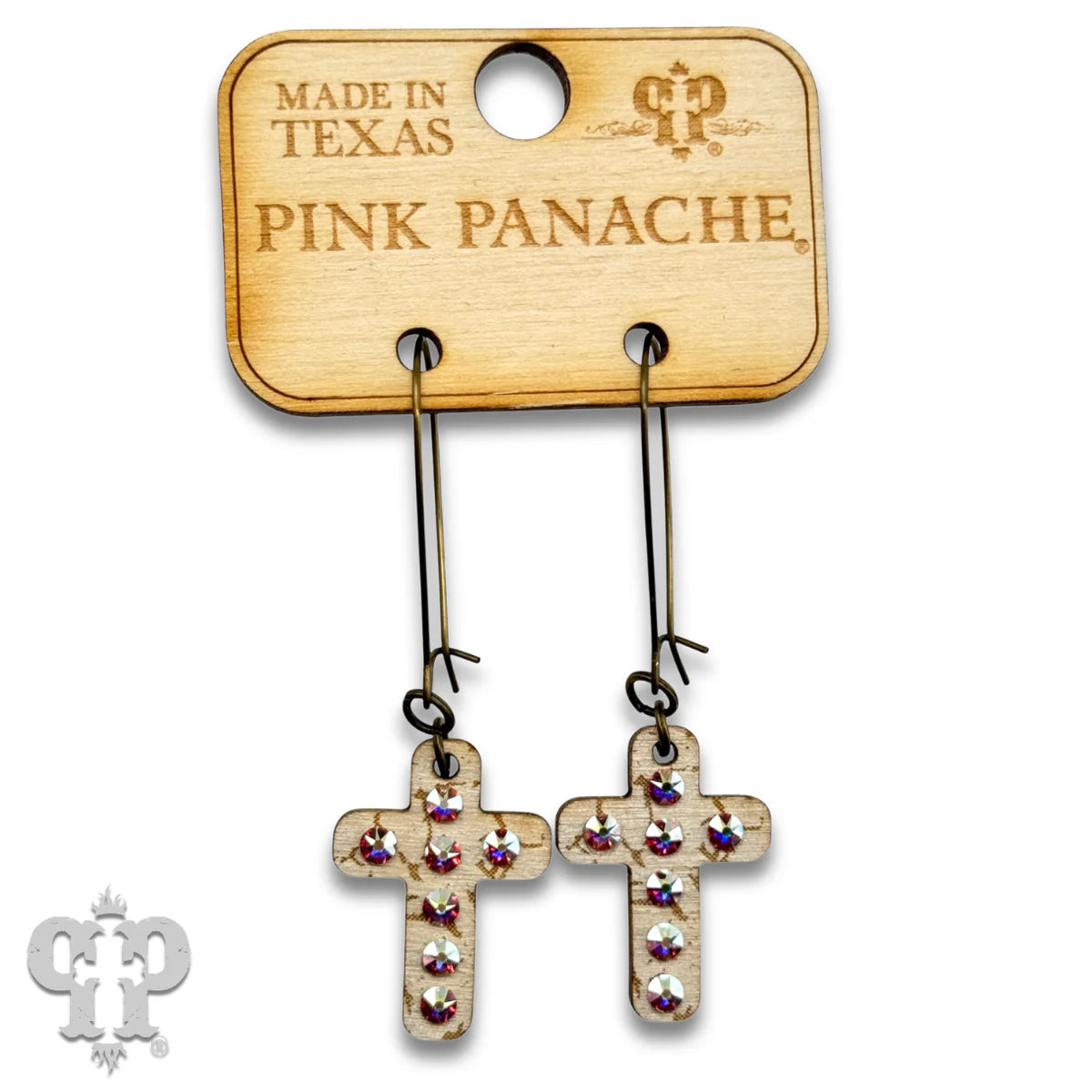 PINK PANACHE WHITE MINI CROSS WOOD WITH CRYSTALS EARRINGS - E574WH