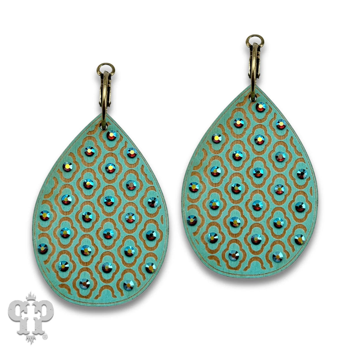 PINK PANACHE TURQUOISE WOOD TEARDROP PATTERNED SMALL HOOP EARRING - E594TQ