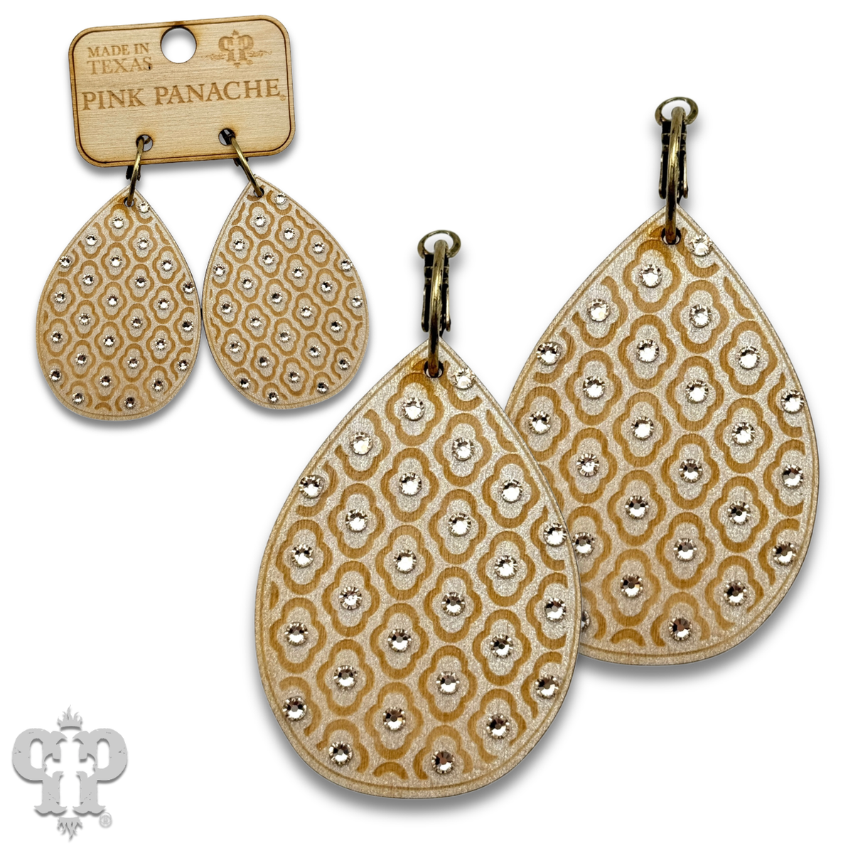 PINK PANACHE WHITE WOOD TEARDROP PATTERNED SMALL HOOP EARRING - E594WH