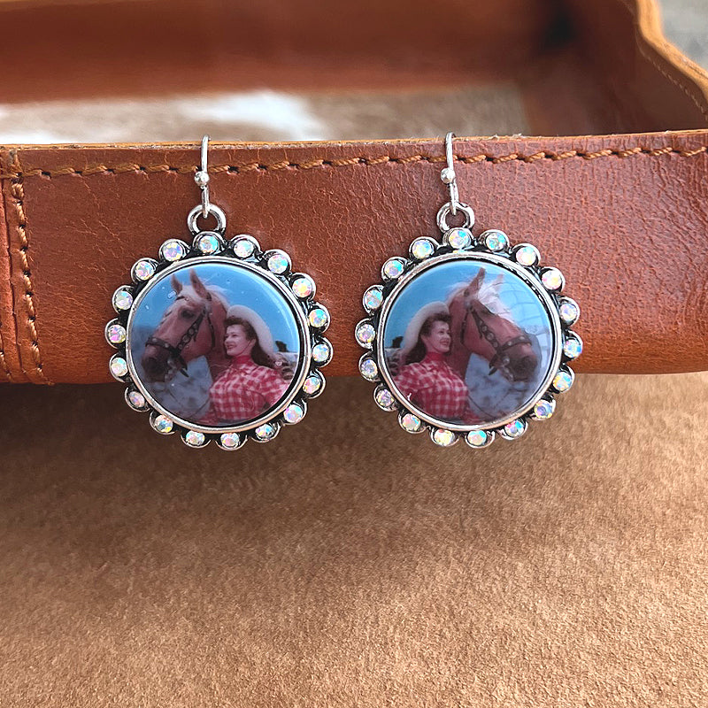 VINTAGE COWGIRL AND HORSE RHINESTONE SILVER EARRINGS