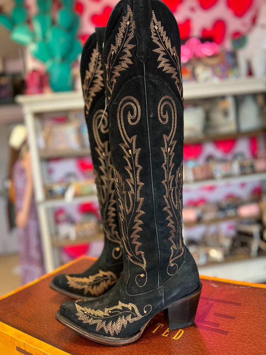 CORRAL WOMEN S J TOE TALL EMBROIDERY BLACK SUEDE WESTERN BOOT