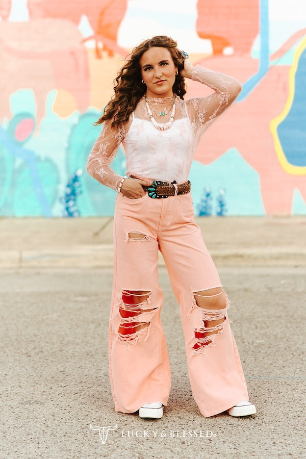 PINK STRETCH DENIM HIGH RISE TROUSER DISTRESSED JEANS (32IN INSEAM)