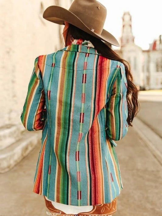 JACQUARD WOVEN JADE SERAPE MULTI CONCHO BUTTON DOWN BLAZER