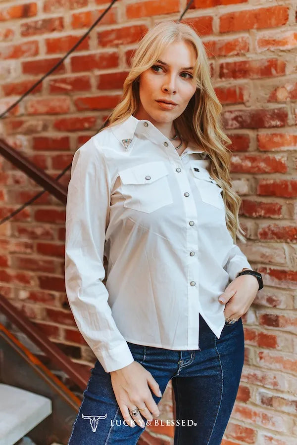 WESTERN PEARL SNAP BUTTON DOWN CONCHO TIP COLLAR SHIRT - WHITE