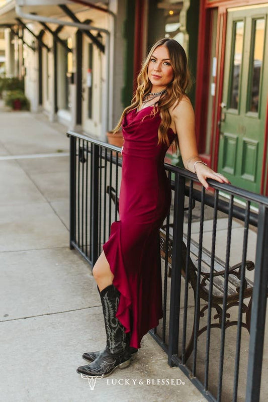 BURGUNDY STRAP RUFFLE FRONT SLIT DRESS
