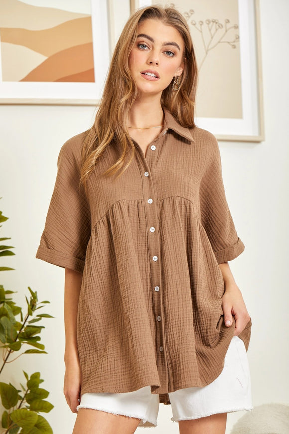 BUTTON DOWN BABY DOLL TOP - MOCHA