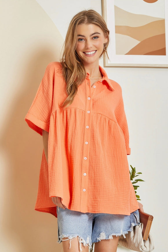 BUTTON DOWN BABY DOLL TOP - PERSIMMON