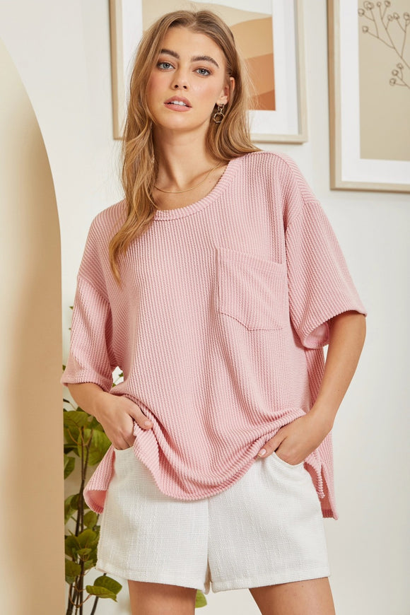 RIBBED TEXTURED TUNIC TOP - BLUSH