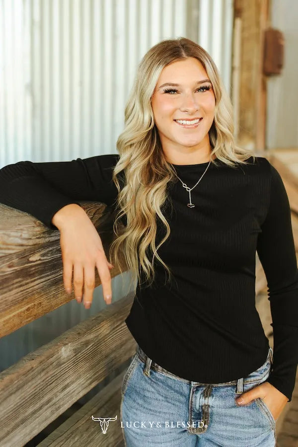 Black Ribbed Long Sleeve Round Hem Top