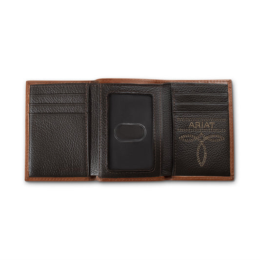 ARIAT MENS TRI FOLD WALLET DIAMOND EMBOSSED BROWN