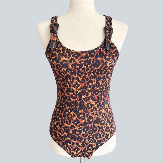 LEOPARD PRINTED BODYSUIT W BUCKLE STRAP