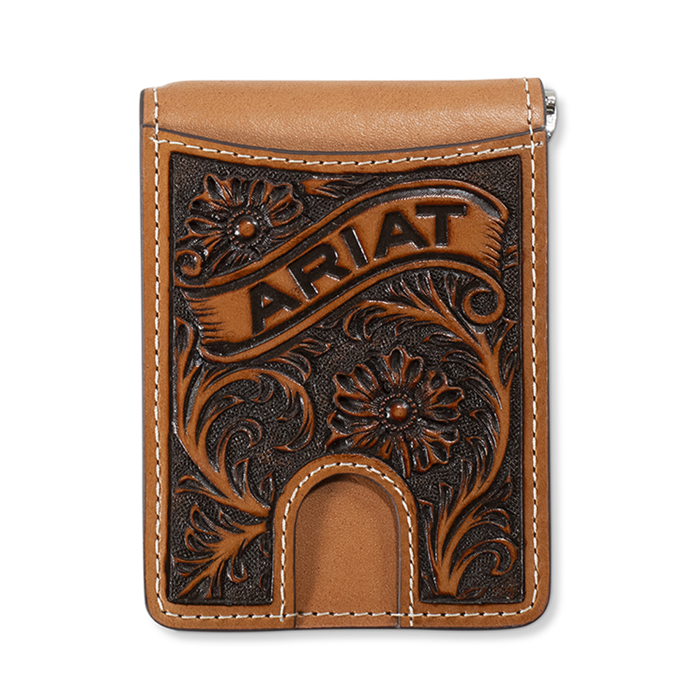 ARIAT MENS BIFOLD MONEYCLIP STYLE WALLET FLORAL ARIAT BANNER TAN