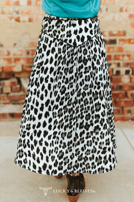 LEOPARD PRINTED BUTTON DOWN YOKE SKIRT W TURQUOISE SNAP BUTTONS