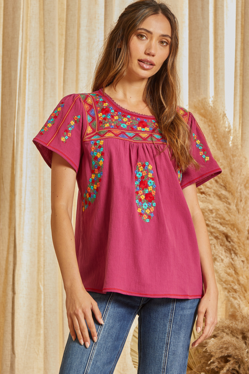 TUNIC FLORAL GEOMETRIC EMBROIDERY TOP - MAGENTA – The Chandelier 