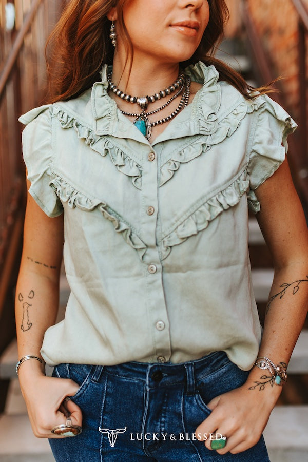 MINT CONCHO BUTTON DOWN RUFFLE VINTAGE SHIRT