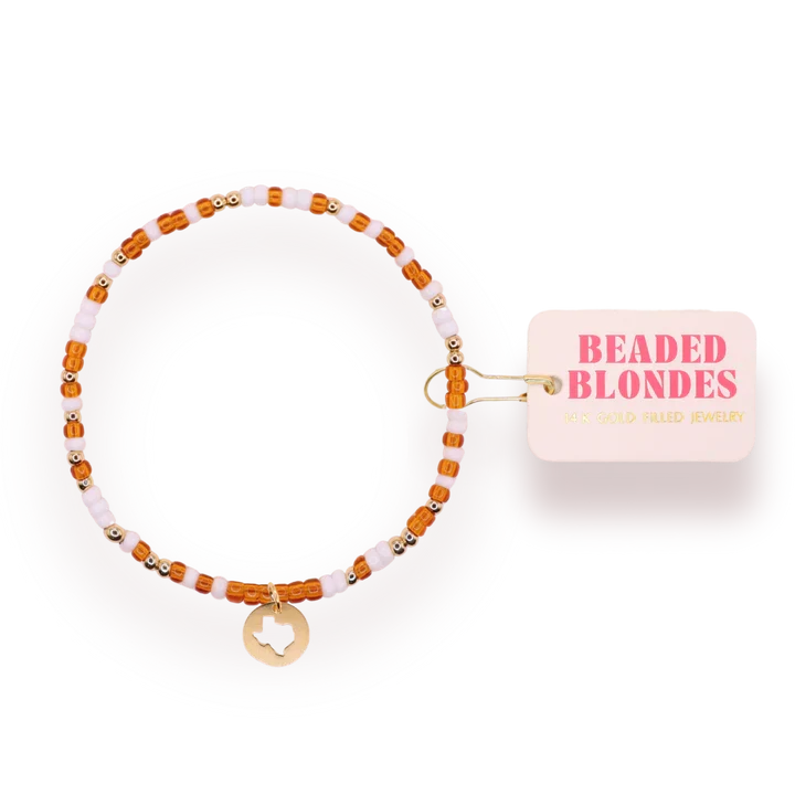 Beaded Blondes Texas (Burnt Orange and White) State Symbol Cutout Charm 6.75" Bracelet On Color