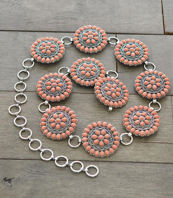 Western Turquoise Blossom Stone Concho Belt - Pink
