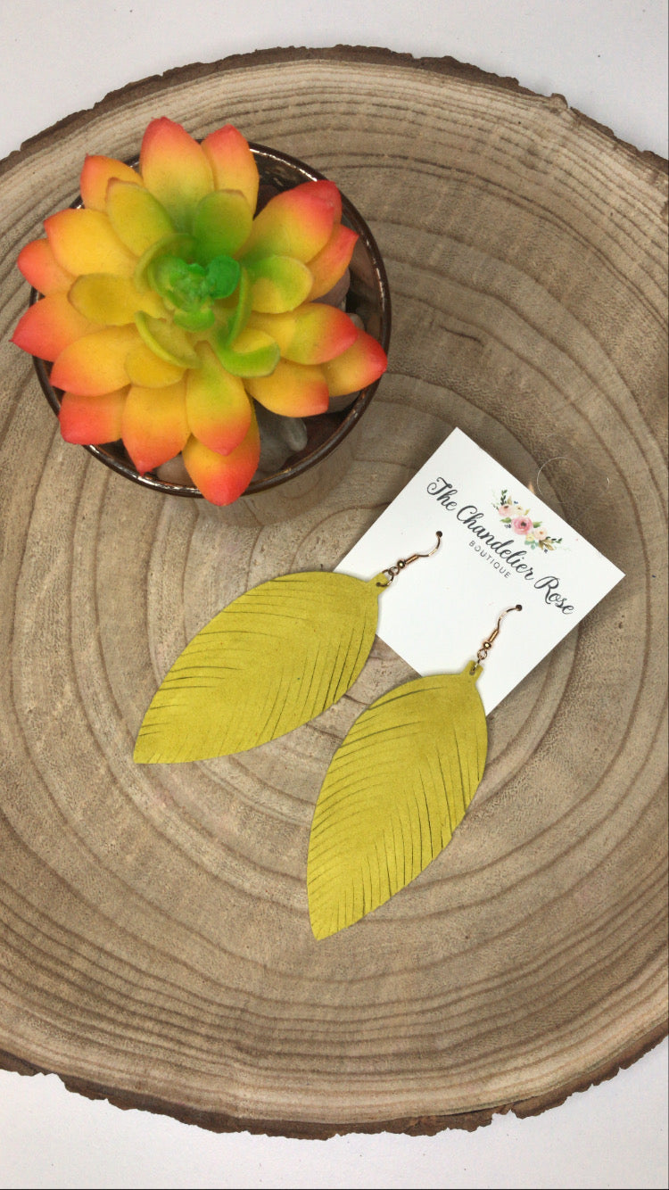 Genuine Leather Leaf Earrings - Canary