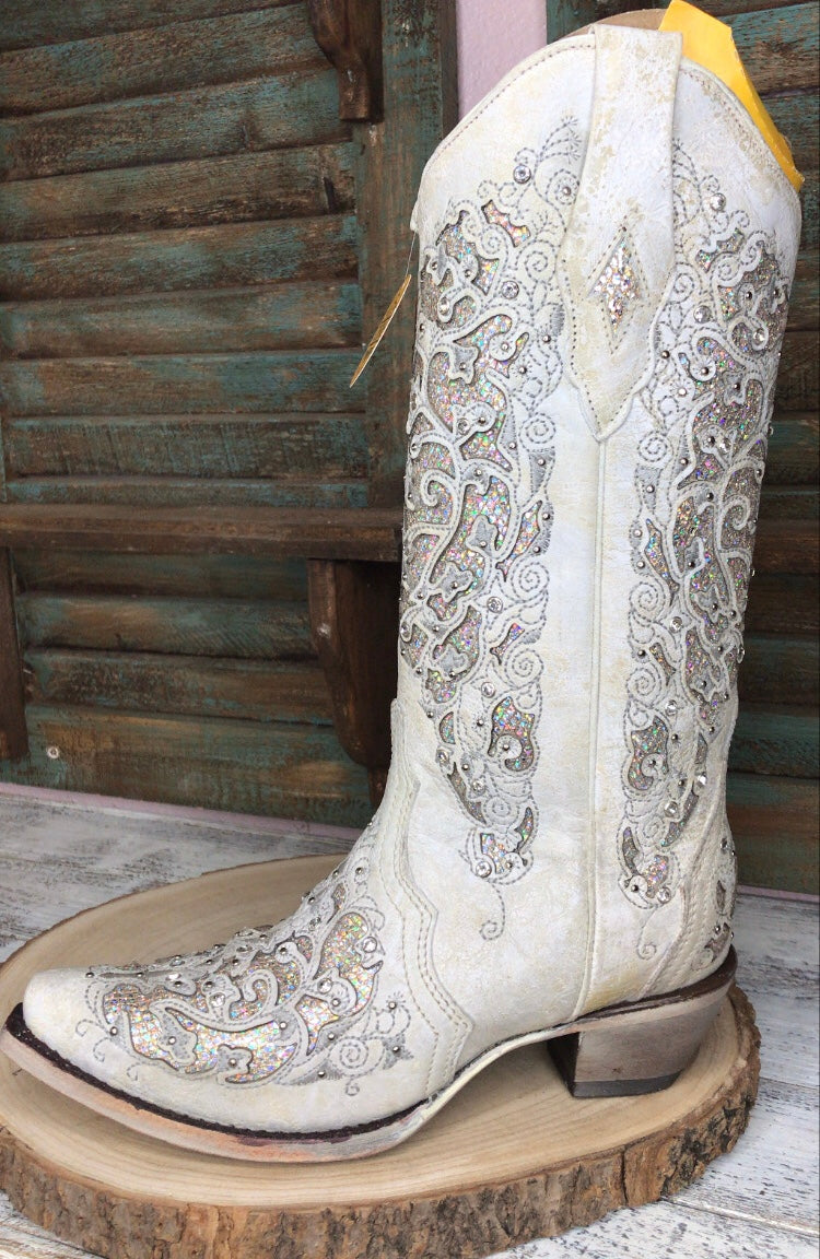 Corral Ladies Martina White Glitter Inlay Crystals Wedding Boots A3322