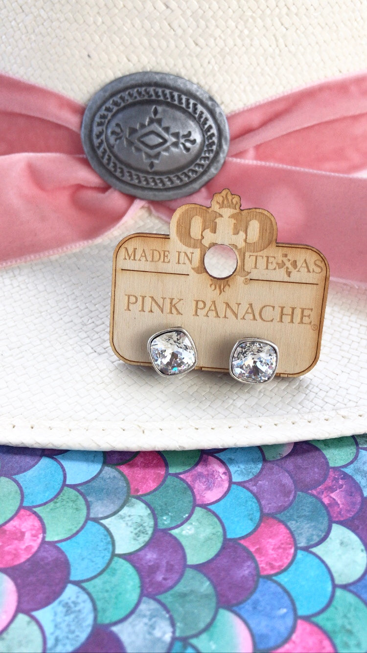 PINK PANACHE 10MM CLEAR CUSHION STUD EARRINGS - E509SCL