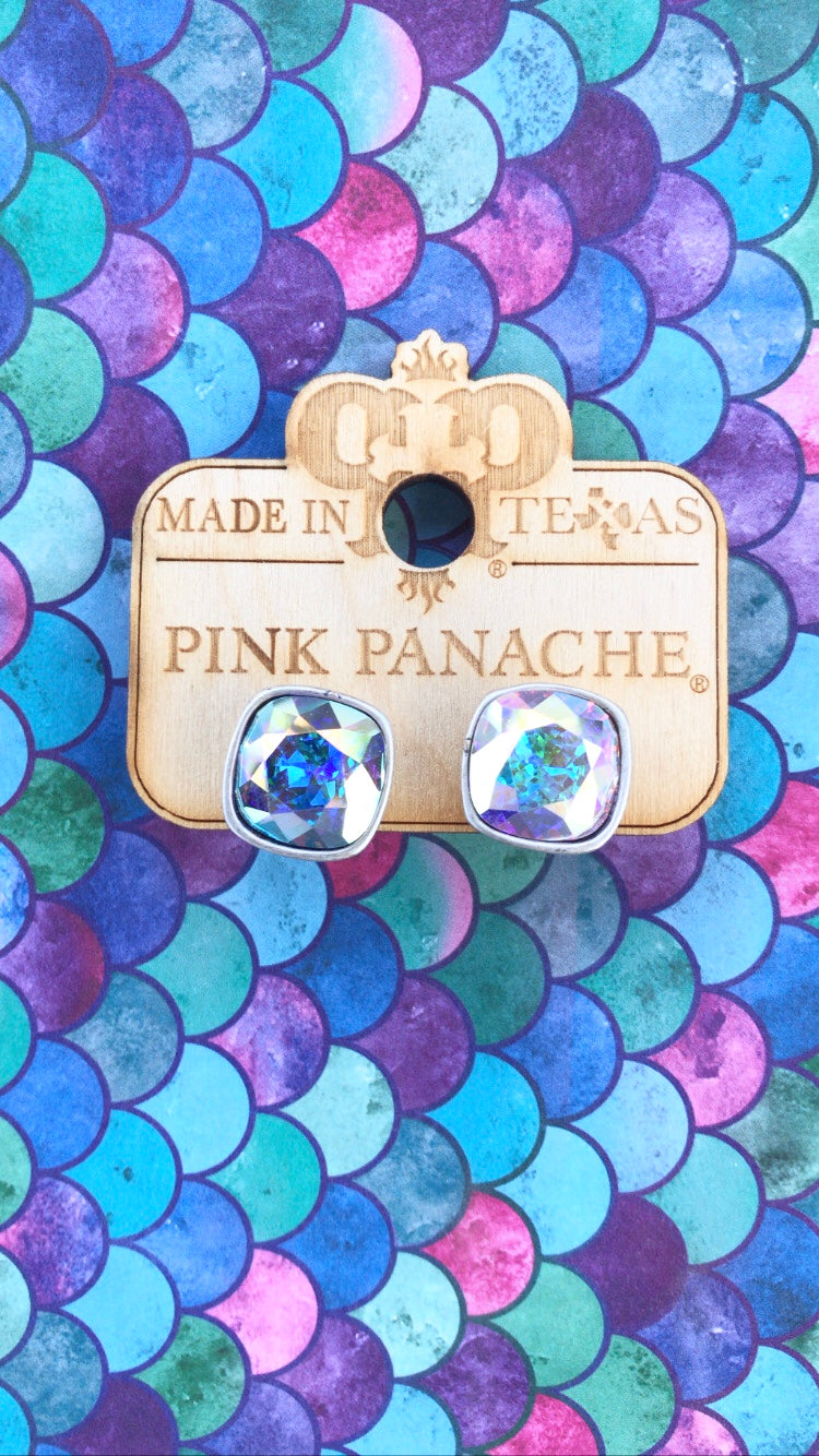 PINK PANACHE SILVER CUSHION CUT STUDS 12MM - E448SAB