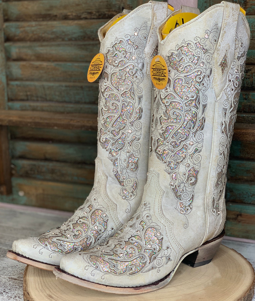 Corral Ladies Martina White Glitter Inlay Crystals Wedding Boots A3322