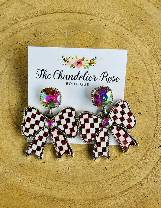 MAROON CHECKERED BOW AB STONE EARRINGS