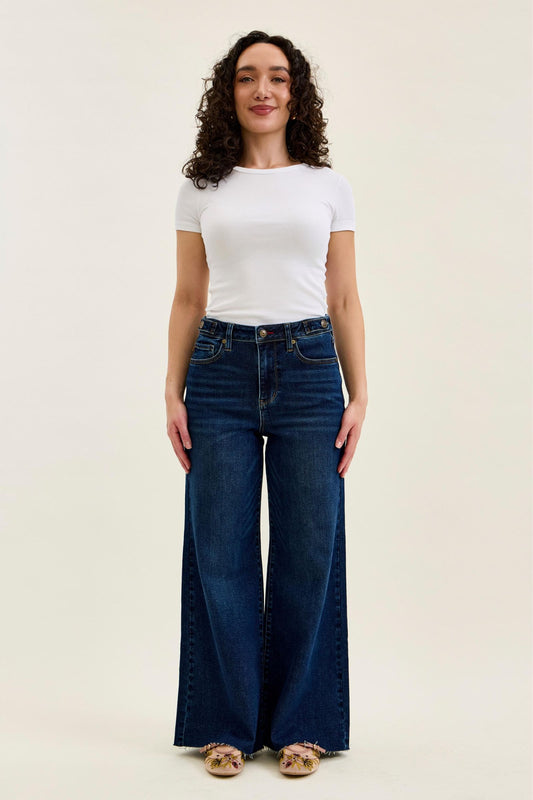 JUDY BLUE HIGH WAIST PETITE RETRO WIDE W ADJUSTABLE WB TABS + RAW HEM - DARK STONE
