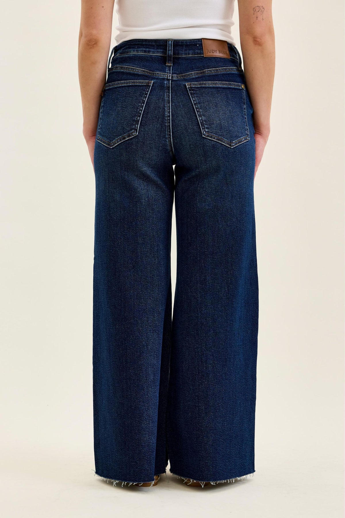 JUDY BLUE HIGH WAIST PETITE RETRO WIDE W ADJUSTABLE WB TABS + RAW HEM - DARK STONE