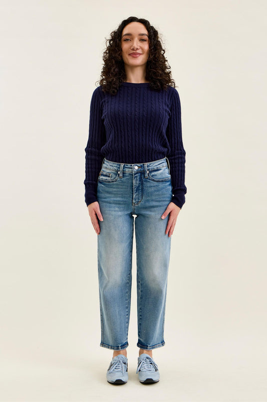 JUDY BLUE HIGH WAIST PETITE TUMMY CONTROL PEGGY ANKLE STRAIGHT JEANS - MEDIUM STONE