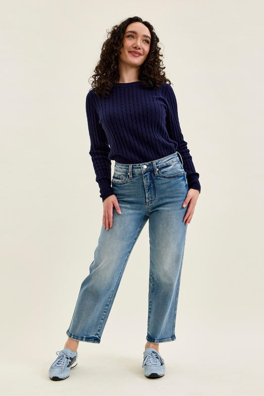 JUDY BLUE HIGH WAIST PETITE TUMMY CONTROL PEGGY ANKLE STRAIGHT JEANS - MEDIUM STONE