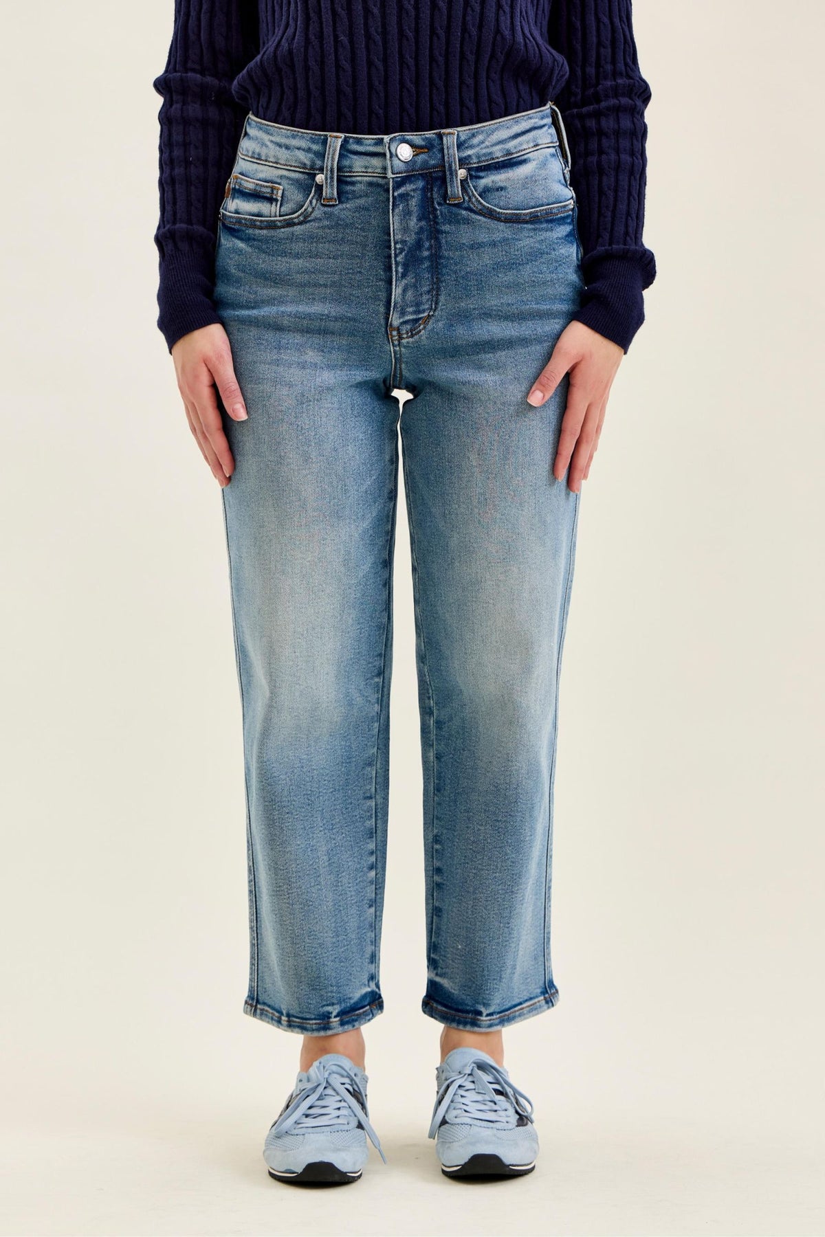 JUDY BLUE HIGH WAIST PETITE TUMMY CONTROL PEGGY ANKLE STRAIGHT JEANS - MEDIUM STONE
