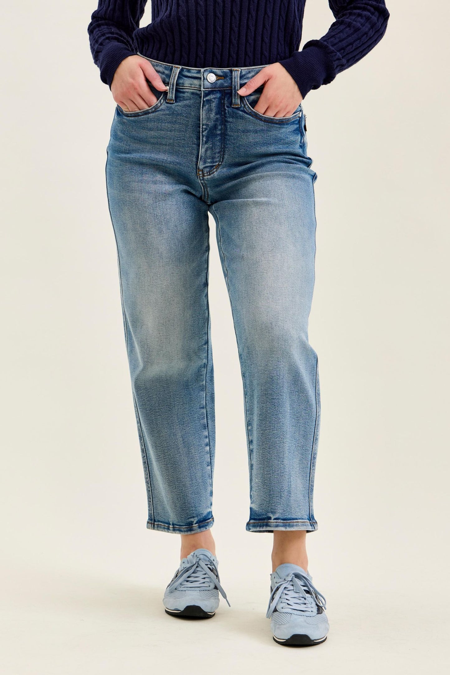 JUDY BLUE HIGH WAIST PETITE TUMMY CONTROL PEGGY ANKLE STRAIGHT JEANS - MEDIUM STONE