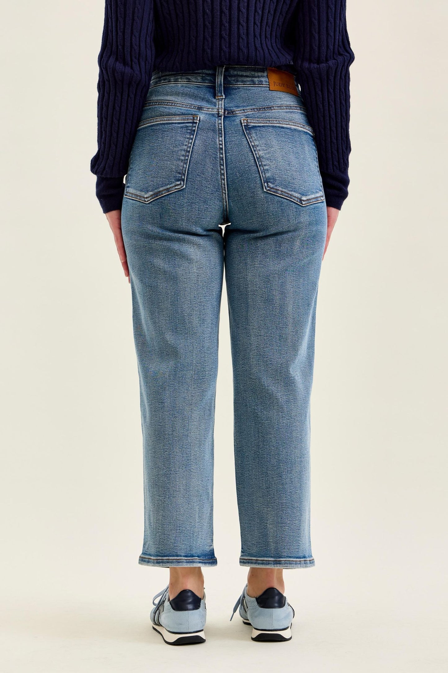 JUDY BLUE HIGH WAIST PETITE TUMMY CONTROL PEGGY ANKLE STRAIGHT JEANS - MEDIUM STONE