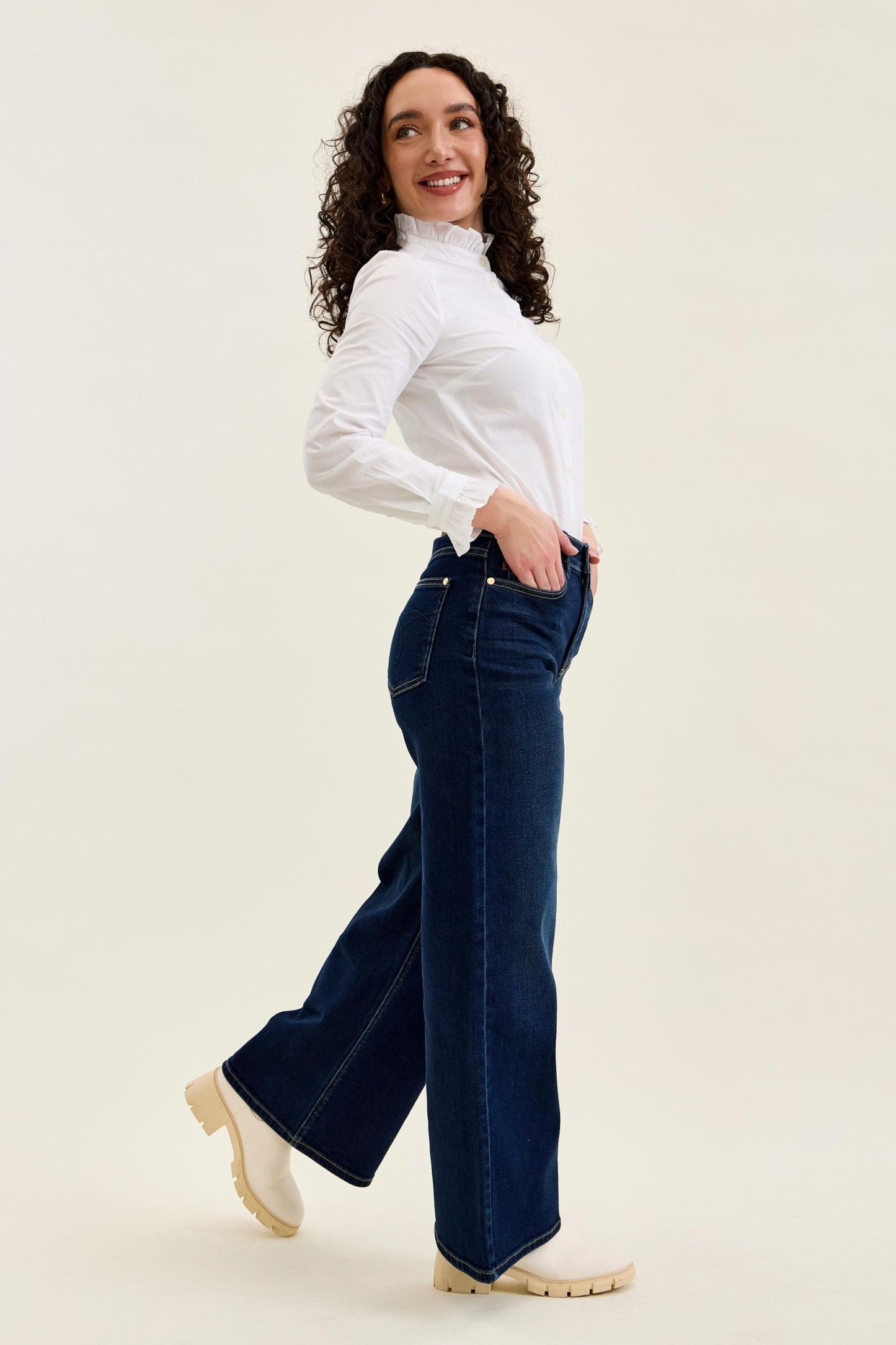 JUDY BLUE PETITE HIGH WAIST LUX RETRO WIDE DARK TWILIGHT BLUE - DARK STONE
