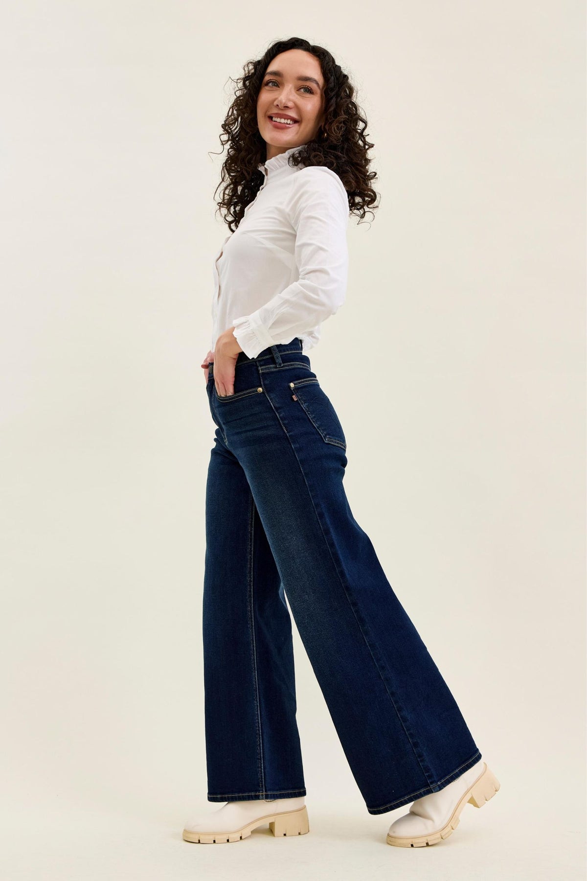 JUDY BLUE PETITE HIGH WAIST LUX RETRO WIDE DARK TWILIGHT BLUE - DARK STONE