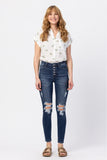 JUDY BLUE HIGH RISE BUTTON FLY CUFFED SKINNY JEANS - DARK STONE