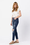 JUDY BLUE HIGH RISE BUTTON FLY CUFFED SKINNY JEANS - DARK STONE