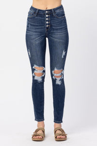 JUDY BLUE HIGH RISE BUTTON FLY CUFFED SKINNY JEANS - DARK STONE