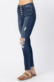 JUDY BLUE HIGH RISE BUTTON FLY CUFFED SKINNY JEANS - DARK STONE