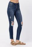 JUDY BLUE HIGH RISE BUTTON FLY CUFFED SKINNY JEANS - DARK STONE