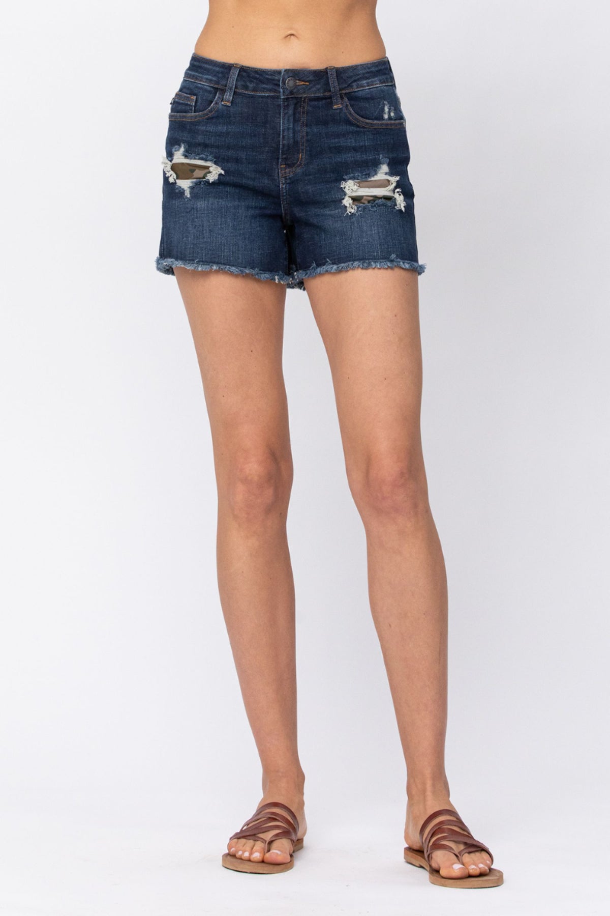 JUDY BLUE MID RISE CAMO PATCH SHORTS - DARK STONE