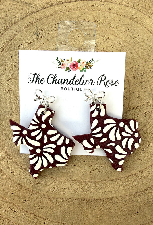 Maroon Floral Texas Earrings with Silver Bow