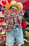 ROUND NECKLINE FLORAL EMBROIDERY FLUTTER SLEEVES TOP - MAGENTA MULTI
