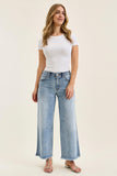 JUDY BLUE MID RISE ANKLE WIDE LEG FRAY HEM JEAN - MEDIUM STONE